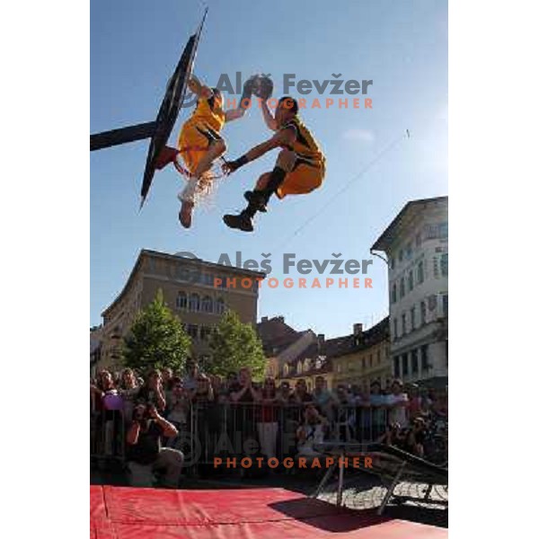 Dunking Devils, slovenian acrobatic basketball show at Tromostovje ( Three bridges) in Ljubljana, Slovenia 26.5.2010 