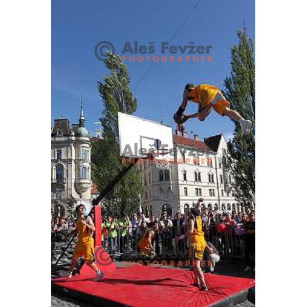 Dunking Devils, slovenian acrobatic basketball show at Tromostovje ( Three bridges) in Ljubljana, Slovenia 26.5.2010 