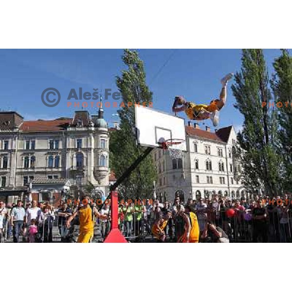 Dunking Devils, slovenian acrobatic basketball show at Tromostovje ( Three bridges) in Ljubljana, Slovenia 26.5.2010 