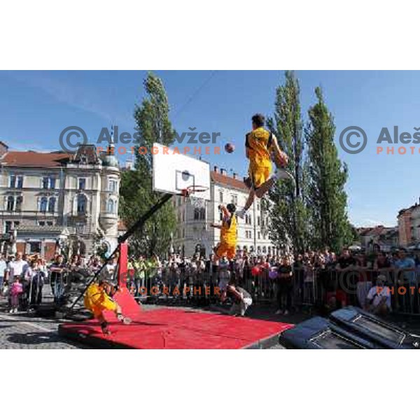 Dunking Devils, slovenian acrobatic basketball show at Tromostovje ( Three bridges) in Ljubljana, Slovenia 26.5.2010 