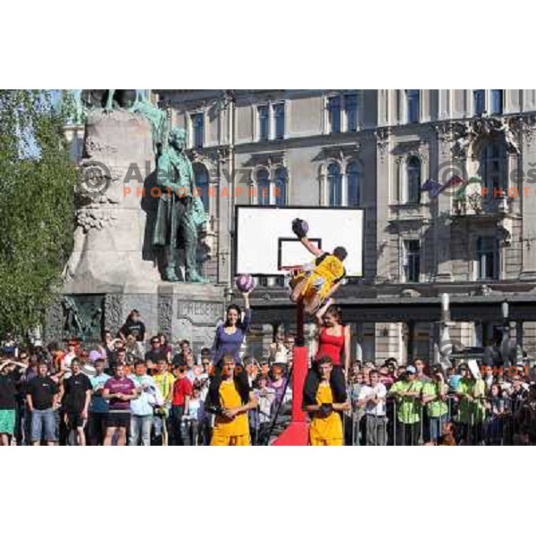Dunking Devils, slovenian acrobatic basketball show at Tromostovje ( Three bridges) in Ljubljana, Slovenia 26.5.2010 