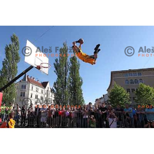 Dunking Devils, slovenian acrobatic basketball show at Tromostovje ( Three bridges) in Ljubljana, Slovenia 26.5.2010 