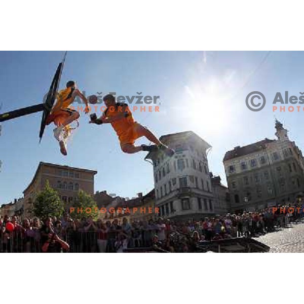 Dunking Devils, slovenian acrobatic basketball show at Tromostovje ( Three bridges) in Ljubljana, Slovenia 26.5.2010 