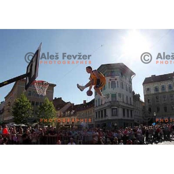 Dunking Devils, slovenian acrobatic basketball show at Tromostovje ( Three bridges) in Ljubljana, Slovenia 26.5.2010 