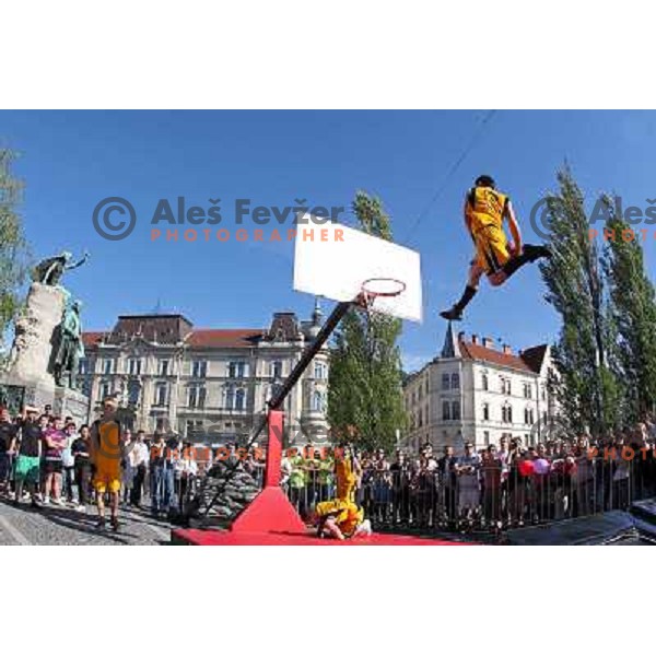 Dunking Devils, slovenian acrobatic basketball show at Tromostovje ( Three bridges) in Ljubljana, Slovenia 26.5.2010 