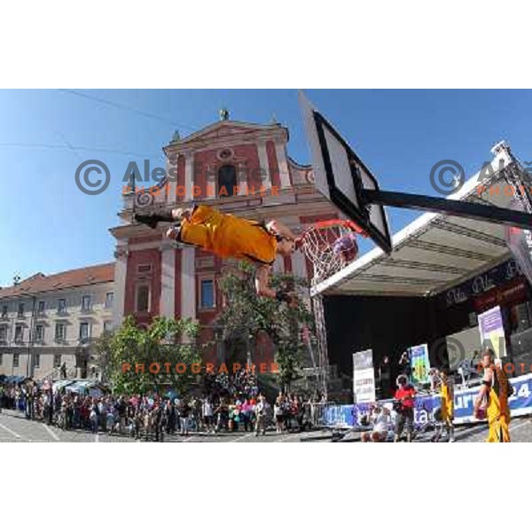 Dunking Devils, slovenian acrobatic basketball show at Tromostovje ( Three bridges) in Ljubljana, Slovenia 26.5.2010 