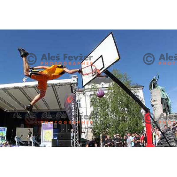 Dunking Devils, slovenian acrobatic basketball show at Tromostovje ( Three bridges) in Ljubljana, Slovenia 26.5.2010 
