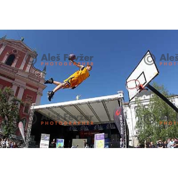 Dunking Devils, slovenian acrobatic basketball show at Tromostovje ( Three bridges) in Ljubljana, Slovenia 26.5.2010 