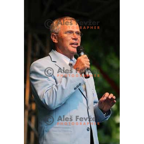 Janez Bencina talks during Opening ceremony of Rowing World Cup Bled 2010 in Zdraviliski park , Bled, Slovenia 27.5.2010 