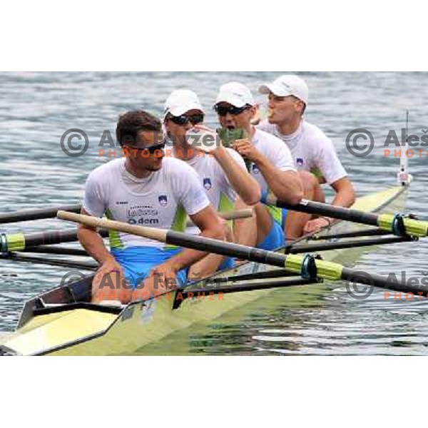 Miha Pirih, Rok Kolander, Tomaz Pirih, Ziga Pirih (SLO) in action during Rowing World Cup, Bled, Slovenia 28.5.2010 