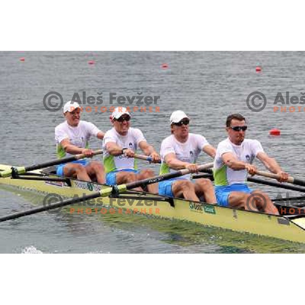 Miha Pirih, Rok Kolander, Tomaz Pirih, Ziga Pirih (SLO) in action during Rowing World Cup, Bled, Slovenia 28.5.2010 