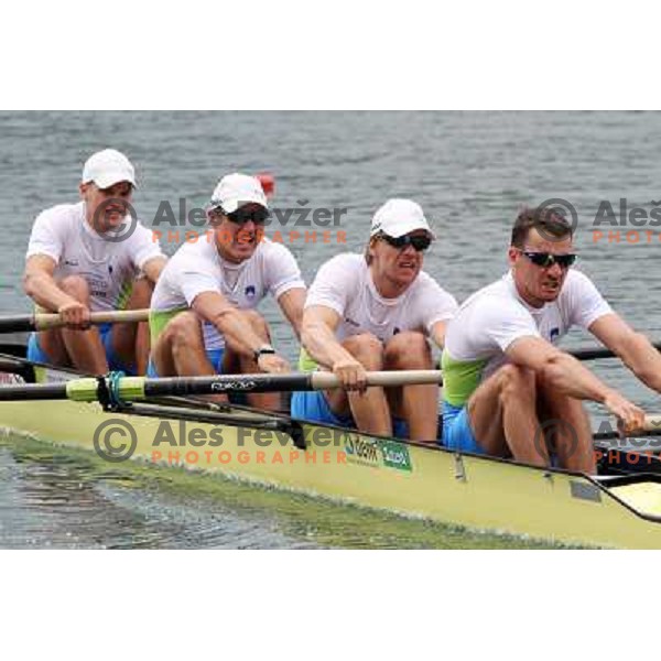 Miha Pirih, Rok Kolander, Tomaz Pirih, Ziga Pirih (SLO) in action during Rowing World Cup, Bled, Slovenia 28.5.2010 