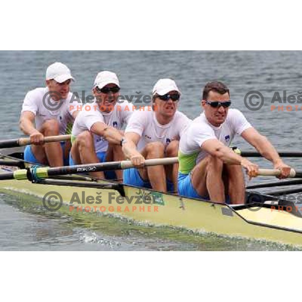Miha Pirih, Rok Kolander, Tomaz Pirih, Ziga Pirih (SLO) in action during Rowing World Cup, Bled, Slovenia 28.5.2010 