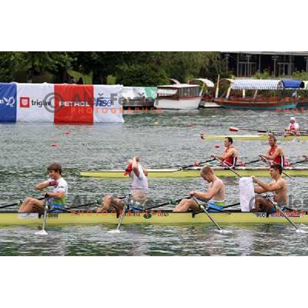 Andraz Krek, Luka Spik, Jan Spik, Gasper Fistravec (SLO) in action during Rowing World Cup, Bled, Slovenia 28.5.2010 