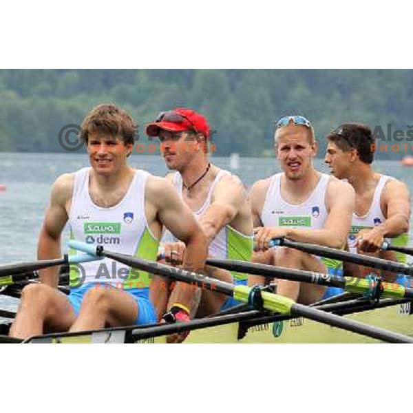 Andraz Krek, Luka Spik, Jan Spik, Gasper Fistravec (SLO) in action during Rowing World Cup, Bled, Slovenia 28.5.2010 