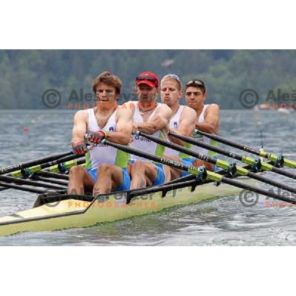 Andraz Krek, Luka Spik, Jan Spik, Gasper Fistravec (SLO) in action during Rowing World Cup, Bled, Slovenia 28.5.2010 