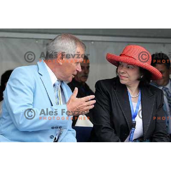 Janez Bencina talks to Barbara Turk during Rowing World Cup, Bled, Slovenia 29.5.2010 
