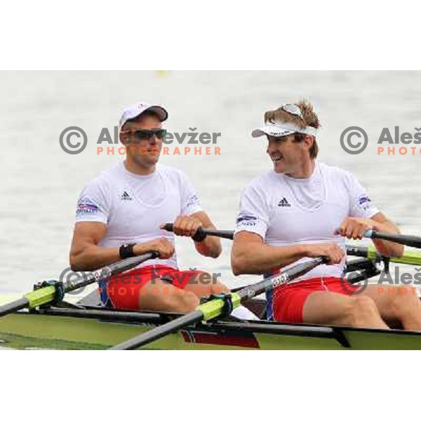 Iztok Cop (SLO) and Olaf Tufte (NOR) rowing for Norway during Final of rowing world cup, lake Bled, Slovenia 30.5.2010 