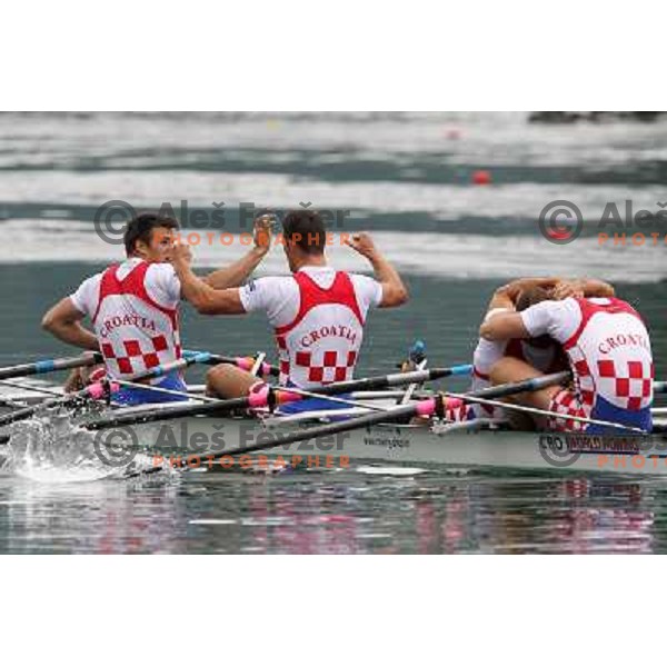 Croatian double four celebrate victory during rowing world cup, lake Bled, Slovenia 30.5.2010 