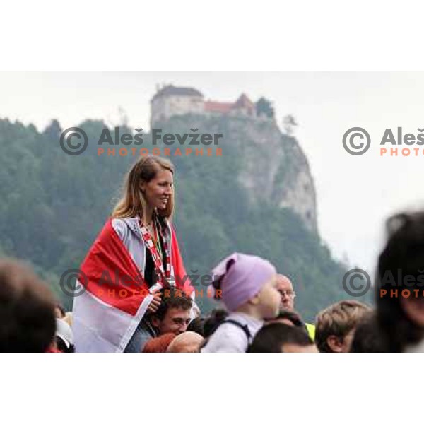 Croatian fans celebrate victory of their double four during rowing world cup, lake Bled, Slovenia 30.5.2010 