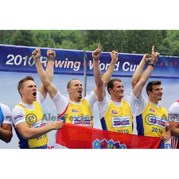 Croatian double four celebrate victory during rowing world cup, lake Bled, Slovenia 30.5.2010 