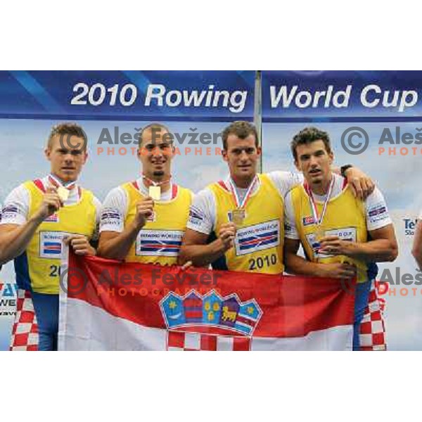Croatian double four celebrate victory during rowing world cup, lake Bled, Slovenia 30.5.2010 
