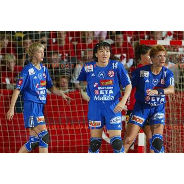 Vergelyuk, Bodnieva, Tanja Tomanovic in action during handball match Krim Eta Malizia- Slagelse FH in Final of EHF Championsleague, played at Kodeljevo Hall, Ljubljana, Slovenia 22.5.2004. Slagelse FH won 36-32 and became a Champion 