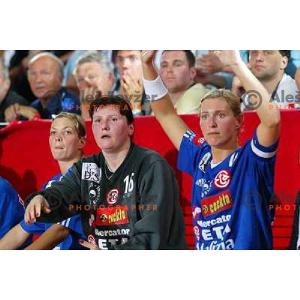 Spela Cerar, Luminitsa Dinu,Deja Doler in action during handball match Krim Eta Malizia- Slagelse FH in Final of EHF Championsleague, played at Kodeljevo Hall, Ljubljana, Slovenia 22.5.2004. Slagelse FH won 36-32 and became a Champion 