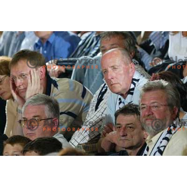 Tone Turensek, Smolnikar, Potocnik watching action during handball match Krim Eta Malizia- Slagelse FH in Final of EHF Championsleague, played at Kodeljevo Hall, Ljubljana, Slovenia 22.5.2004. Slagelse FH won 36-32 and became a Champion 