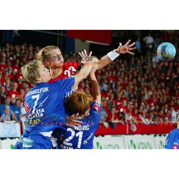 Vergelyuk, Anja Freser,Tanja Tomanovic in action during handball match Krim Eta Malizia- Slagelse FH in Final of EHF Championsleague, played at Kodeljevo Hall, Ljubljana, Slovenia 22.5.2004. Slagelse FH won 36-32 and became a Champion 