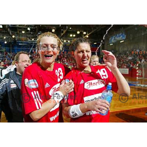 Anja Freser and Slagelse players celebrate victory at handball match Krim Eta Malizia- Slagelse FH in Final of EHF Championsleague, played at Kodeljevo Hall, Ljubljana, Slovenia 22.5.2004. Slagelse FH won 36-32 and became a Champion 