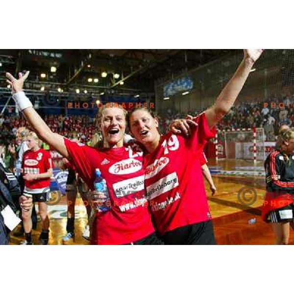 Anja Freser and Slagelse players celebrate victory at handball match Krim Eta Malizia- Slagelse FH in Final of EHF Championsleague, played at Kodeljevo Hall, Ljubljana, Slovenia 22.5.2004. Slagelse FH won 36-32 and became a Champion 