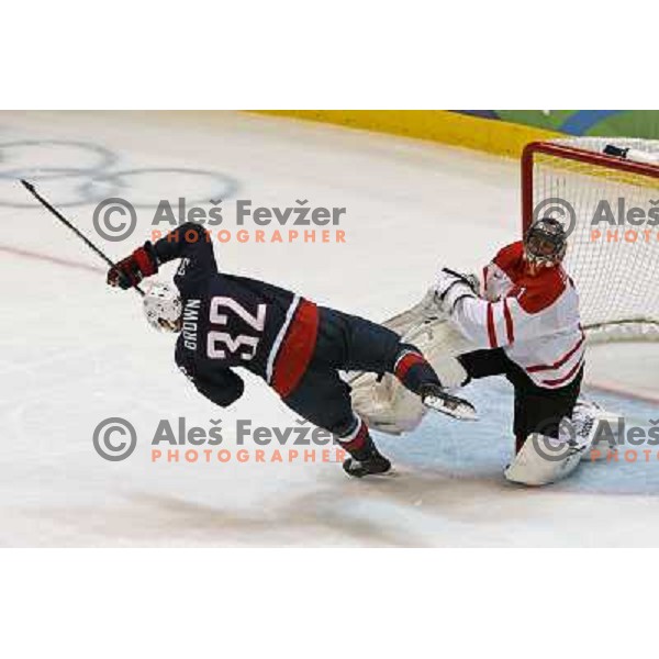 Luongo and Brown in action during ice hockey match Canada-USA in the final of Olympic tournament 28.2.2010, Vancouver 2010 Winter Olympic Games, Canada 