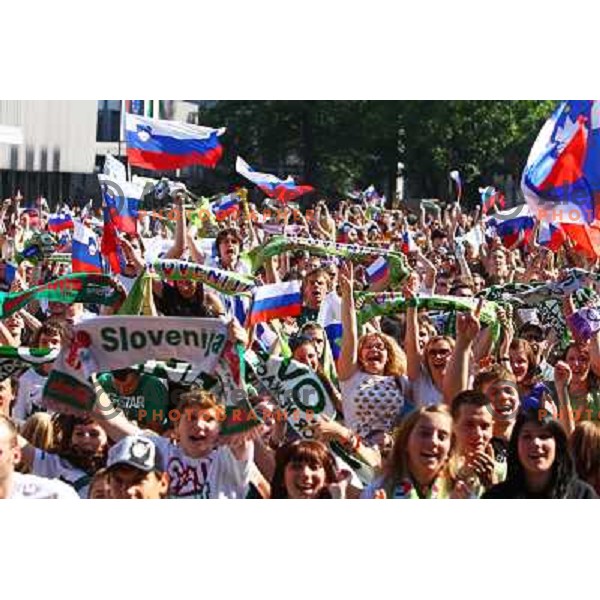 Slovenia supporters in Ljubljana watching live big screen transmission of football match Slovenia-England at 2010 FIFA World Cup South Africa on June 23rd 2010