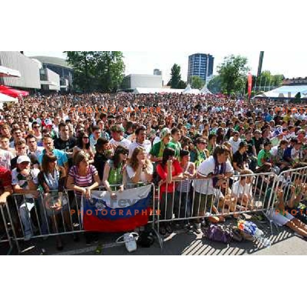 Slovenia supporters in Ljubljana watching live big screen transmission of football match Slovenia-England at 2010 FIFA World Cup South Africa on June 23rd 2010