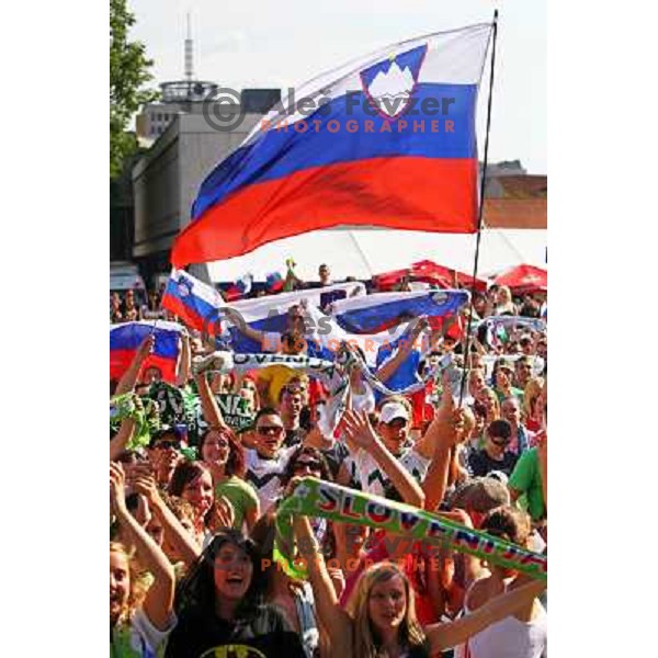 Slovenia supporters in Ljubljana watching live big screen transmission of football match Slovenia-England at 2010 FIFA World Cup South Africa on June 23rd 2010
