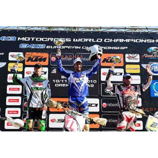 Irt (SLO), Campano Jimez (ESP), Salvini (ITA) (L-R) Winners at podium after MX3 Motocross World Championship 2010 race, Orehova vas, 11.7.2010 