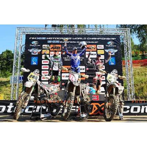 Irt (SLO), Campano Jimez (ESP), Salvini (ITA) (L-R) Winners at podium after MX3 Motocross World Championship 2010 race, Orehova vas, 11.7.2010 