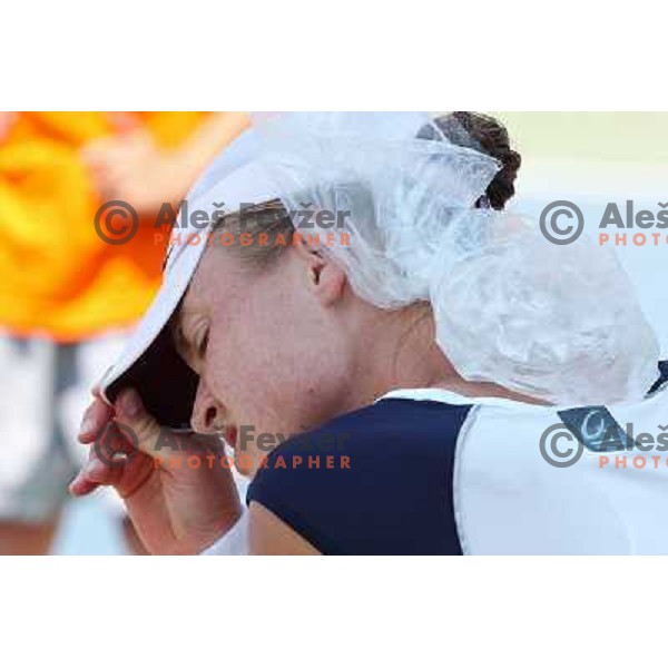 Elena Bovina of Russia putts ice on her neck during first round of Qualifying singles at WTA Banka Koper Slovenia Open tennis tournament, played in SRC Marina, Portoroz, Slovenia on July 17 2010 