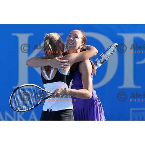 Aleksandra Krunic of Serbia and Jelena Jankovic of Serbia in action during first round of WTA Banka Koper Slovenia Open tennis tournament, played in SRC Marina, Portoroz, Slovenia on July 19, 2010 