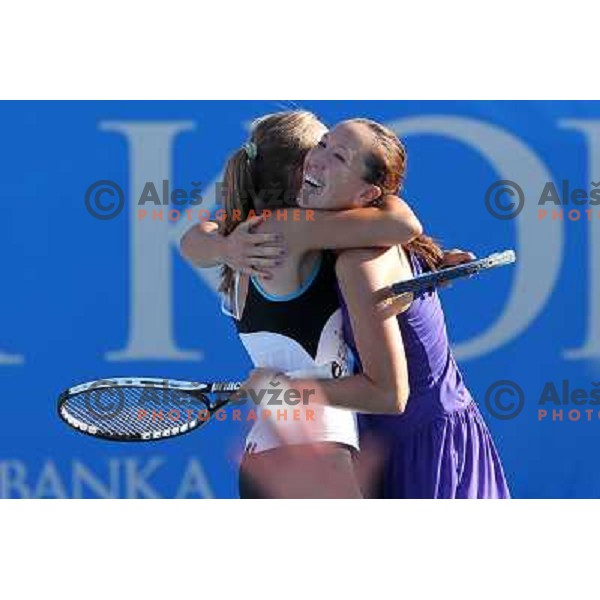 Aleksandra Krunic of Serbia and Jelena Jankovic of Serbia in action during first round of WTA Banka Koper Slovenia Open tennis tournament, played in SRC Marina, Portoroz, Slovenia on July 19, 2010 