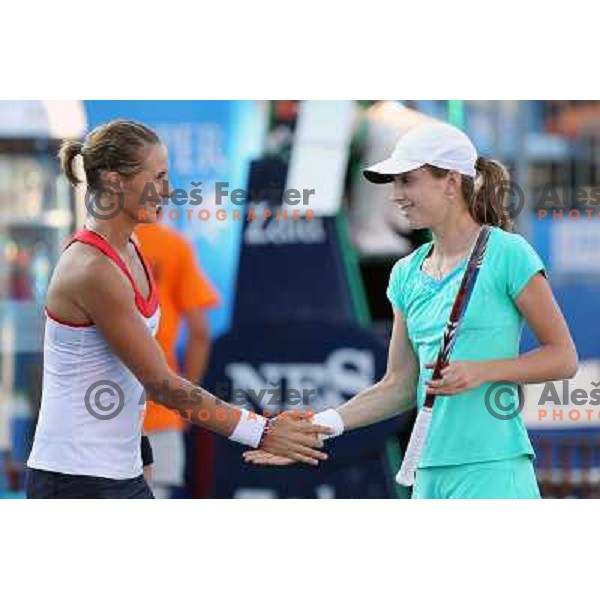 Polona Hercog of Slovenia and Petra Martic of Croatia in action during first round of WTA Banka Koper Slovenia Open tennis tournament, played in SRC Marina, Portoroz, Slovenia on July 19, 2010 