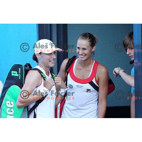 Katarina Srebotnik and Polona Hercog of Slovenia before second round of WTA Banka Koper Slovenia Open tennis tournament, played in SRC Marina, Portoroz, Slovenia on July 21, 2010 