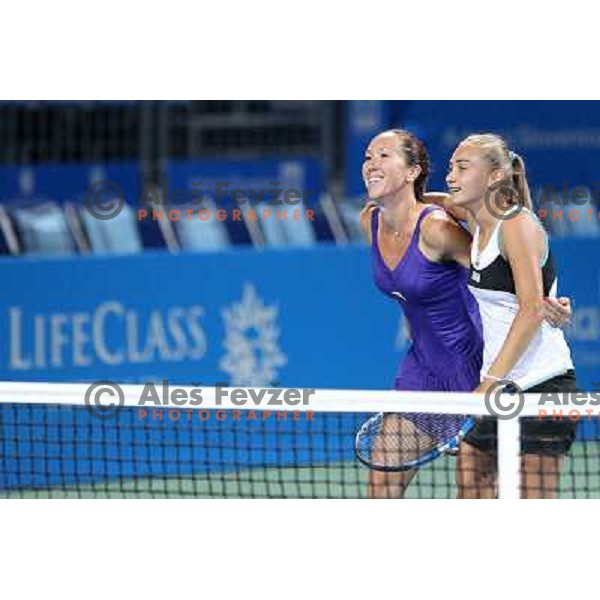 Jelena Jankovic and Aleksandra Krunic of Serbia celebrate victory in second round of the doubles at WTA Banka Koper Slovenia Open tennis tournament, played in SRC Marina, Portoroz, Slovenia on July 21, 2010 