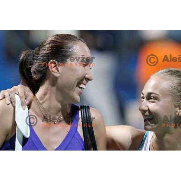 Jelena Jankovic and Aleksandra Krunic of Serbia celebrate victory in second round of the doubles at WTA Banka Koper Slovenia Open tennis tournament, played in SRC Marina, Portoroz, Slovenia on July 21, 2010 