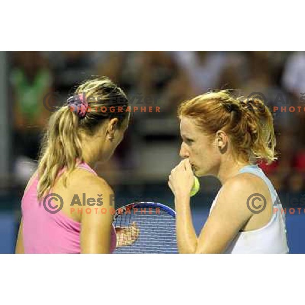 Maria Kondratieva of Russia and Vladimira Uhlirova of Czech Republic in action during the second round the doubles at WTA Banka Koper Slovenia Open tennis tournament, played in SRC Marina, Portoroz, Slovenia on July 22, 2010 