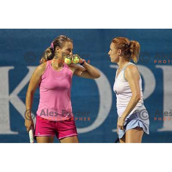 Maria Kondratieva of Russia and Vladimira Uhlirova of Czech Republic in action during the second round the doubles at WTA Banka Koper Slovenia Open tennis tournament, played in SRC Marina, Portoroz, Slovenia on July 22, 2010 