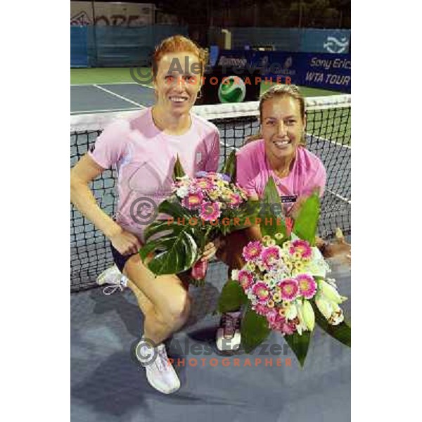 Winners of doubles Vladimira Uhlirova of Czech republic and Maria Kondratieva of Russia during prize giving ceremony after final of WTA Banka Koper Slovenia Open tennis tournament, played in SRC Marina, Portoroz, Slovenia on July 24, 2010 