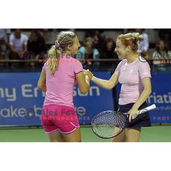 Winners of doubles Vladimira Uhlirova of Czech republic and Maria Kondratieva of Russia in action during final of WTA Banka Koper Slovenia Open tennis tournament, played in SRC Marina, Portoroz, Slovenia on July 24, 2010 