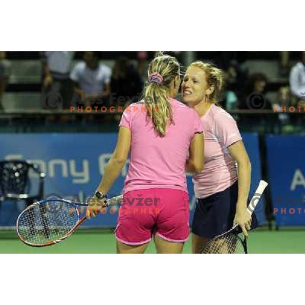 Winners of doubles Vladimira Uhlirova of Czech republic and Maria Kondratieva of Russia in action during final of WTA Banka Koper Slovenia Open tennis tournament, played in SRC Marina, Portoroz, Slovenia on July 24, 2010 